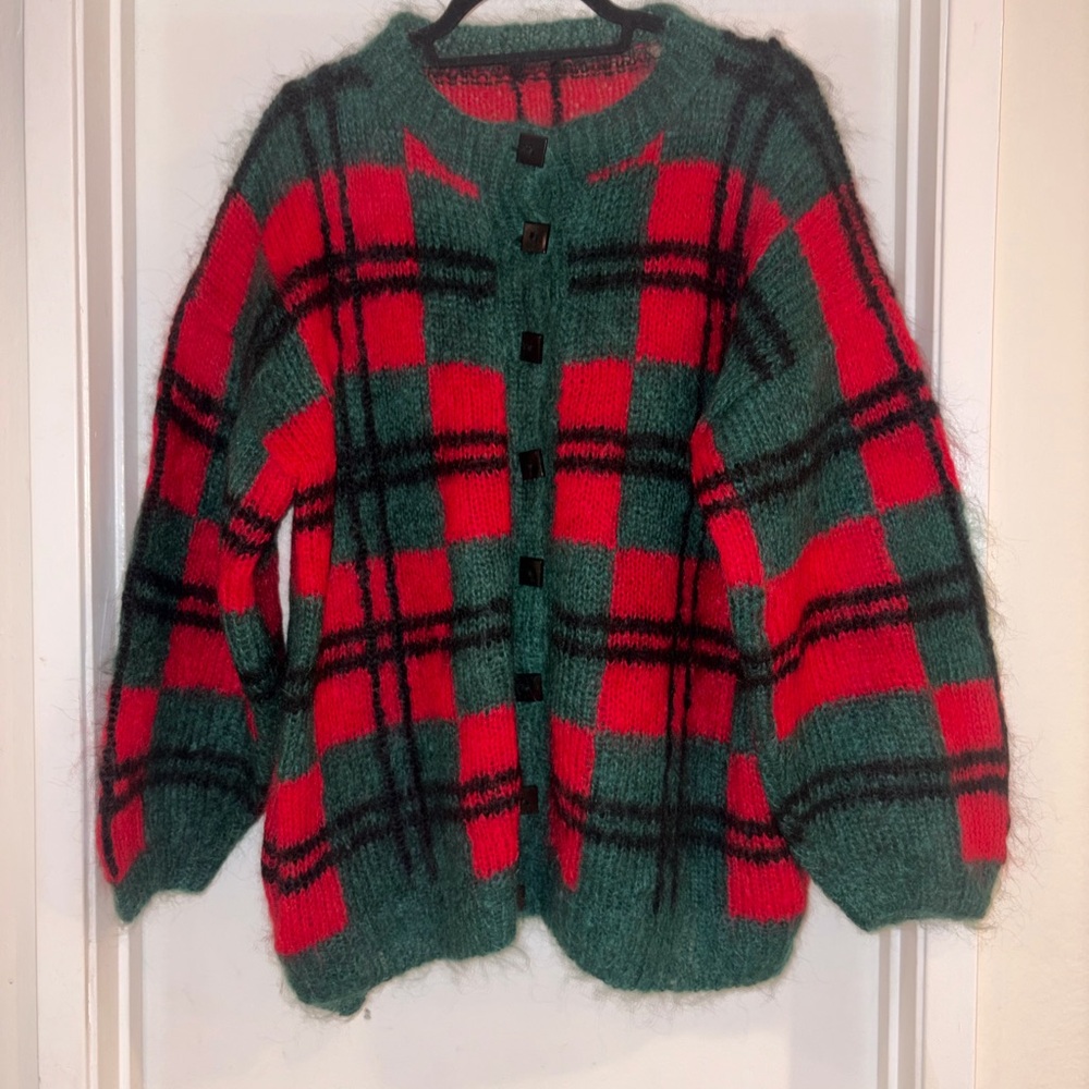 Vintage 80s Red & Green Windowpane Cardigan